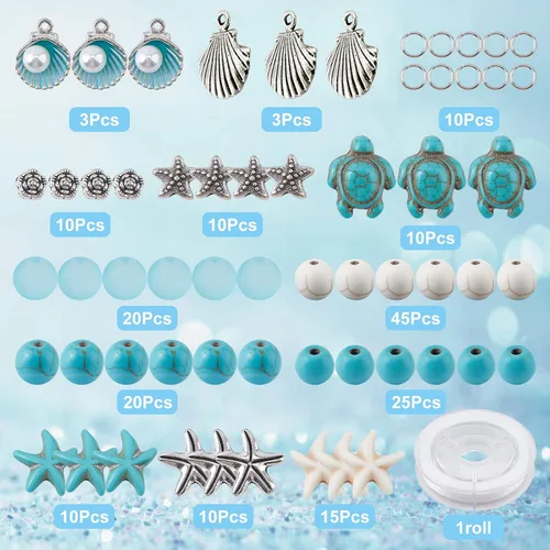 Miniatura 2 de SUNNYCLUE 1 caja de bricolaje de 6 piezas de cuentas de turquesa con temática oceánica de verano de 0.315 in, dijes de concha, kit de fabricación