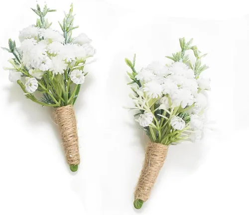 Boutonnieres de aliento de bebé para hombre, juego de 2, blanco natural para novio y padrinos de boda con pin para boda rústica de otoño, vintage,