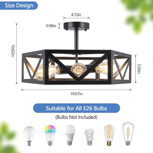 Miniatura 2 de Lámpara de techo industrial semiempotrada, moderna lámpara de techo negra, lámpara de techo de granja con jaula hexagonal de metal para cocina