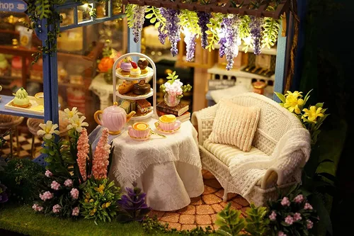 Miniatura 4 de CUTEROOM Casa de muñecas en miniatura con muebles, casa de muñecas en miniatura de madera 3D con caja de música y luces LED, kit de casa