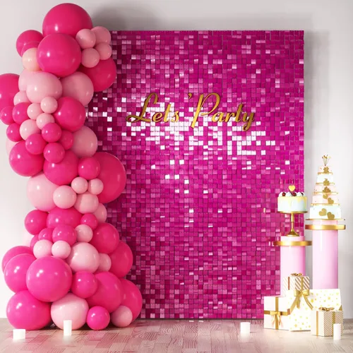COKAOBE Telón de fondo de pared con brillo rosa intenso, 24 piezas de panel cuadrado de telón de fondo con lentejuelas brillantes, fondos 2-Rosa