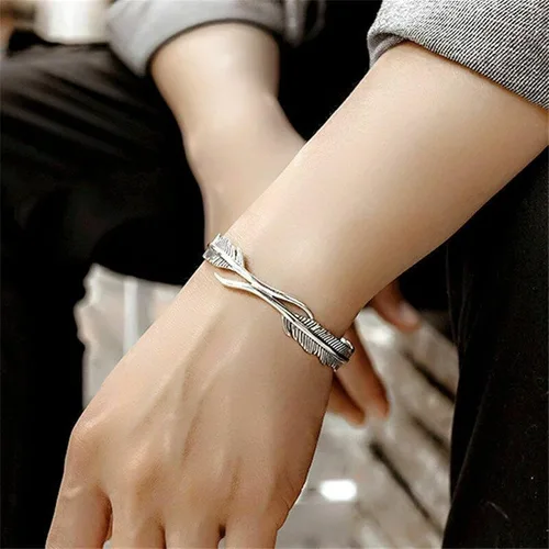 Miniatura 7 de Pulsera de plumas de plata Lucky Hope Cuff Jewelry Simple Retro para mujeres y hombres