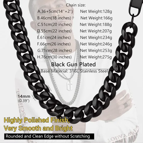 Miniatura 4 de PROSTEEL Trendy Cuban Links Necklace for Men Women, Black18K Gold Plated 316L Stainless Steel, W 4.8mm-14mm, L 14inch-30inch, Come Gift Box