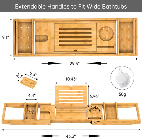 Miniatura 6 de Bandeja de Bañera de Bambú para Baño de Lujo, Bandeja de Baño Premium Expandible con Soporte para Jabón/Toalla/Libro, Accesorios de Baño Ajustables