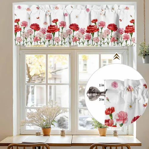 Miniatura 7 de Cenefa floral para ventanas, cortinas de clavel rojo y rosa, cenefas con bolsillo para barra, cenefa de ventana para primavera, vacaciones, día