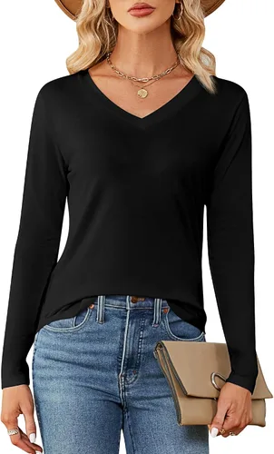 Miniatura 2 de Ficerd Paquete de 2 camisetas de manga larga para mujer, cuello en V, casuales, ajustadas, básicas, de color sólido, dobladillo curvado