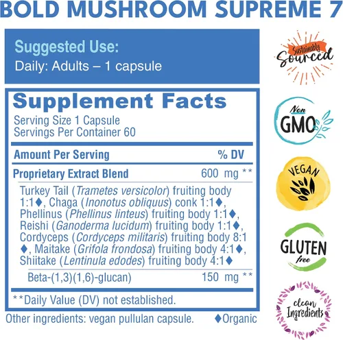Miniatura 4 de Bold Botanica Mushroom Supreme 7 - Suplemento de hongos - Extractos orgánicos de cola de pavo, chaga, phellinus, reishi, cordyceps, maitake