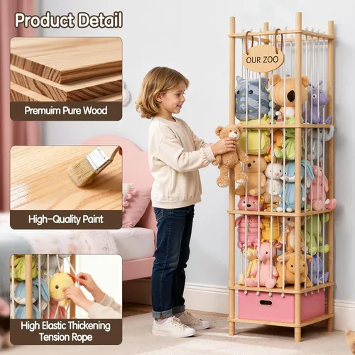 Miniatura 3 de Brelley Organizador de almacenamiento de juguetes de madera para animales de peluche con cajón, cofre grande para juguetes con animal de peluche