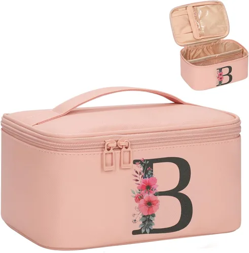 Miniatura 19 de OCHEAL Bolsa de maquillaje personalizada, bolsa de maquillaje beige para mujer, kit de aseo de viaje con monograma, organizador de cosméticos listo