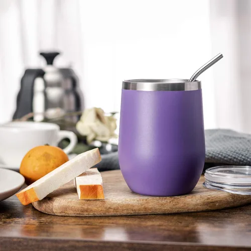 Miniatura 5 de COMOOO Paquete de 4 vasos de vino de acero inoxidable con tapa y pajita, 12 onzas, doble pared aislada al vacío, vaso de viaje sin tallo