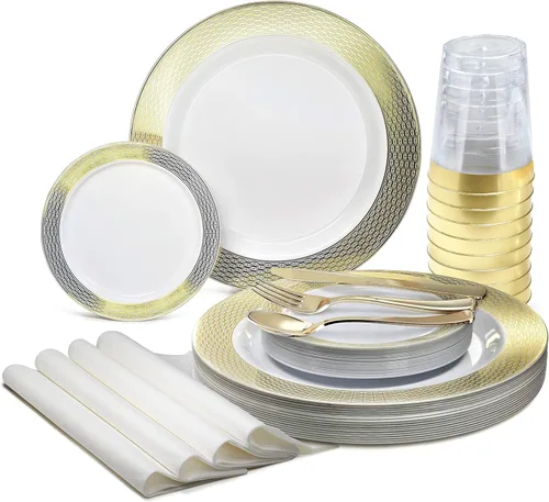 Miniatura 10 de Occasions" - Juego de 125 piezas (25 invitados) - Platos y cubiertos de plástico para boda, vajilla pesada desechable de 10.5 pulgadas, 6.25