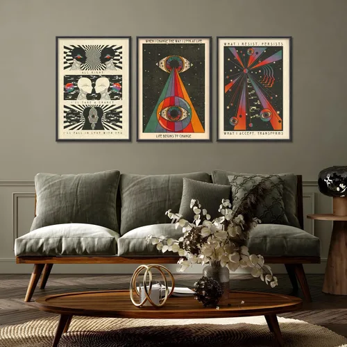 Miniatura 5 de 3 piezas de arte de pared retro hippie de los años 70, póster psicodélico de los años 70, decoración de pared, meditación, citas inspiradoras