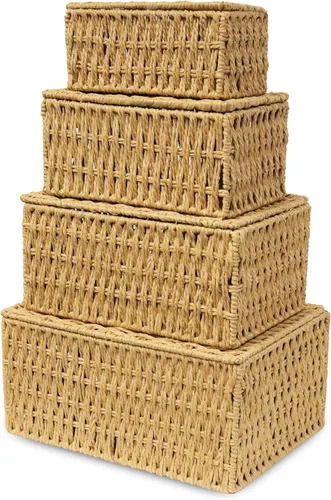 RoyalHouse Cestas de almacenamiento apilables tejidas con tapa, organizador de cuerda decorativa, juego de 4 (4 tamaños), color beige (sin forro)