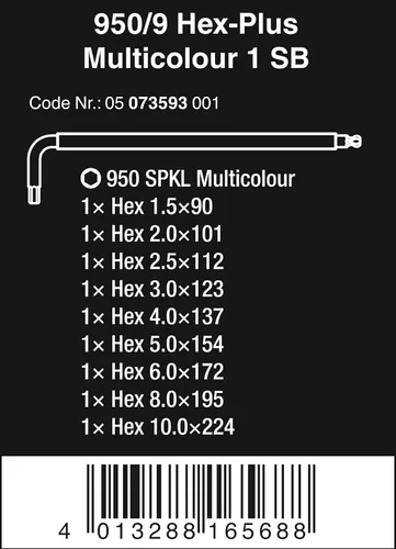 Miniatura 2 de Wera Tools 05073593001 950 SPKL/9 SM N SB Juego de llaves hexagonales de brazo largo, talla única, multicolor