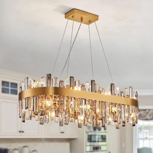 Miniatura 26 de Siljoy Candelabro moderno de cristal de 12 luces de oro cepillado de 2 niveles con forma de gota de lluvia de cristal, ajustable, montaje al ras