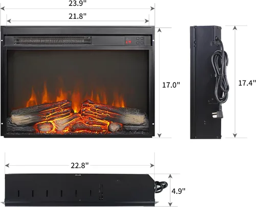 Miniatura 4 de Inserto para chimenea eléctrica de 23 pulgadas, calentador empotrado ultrafino con tronco y llama realistas, brillo de 4 llamas ajustable, control