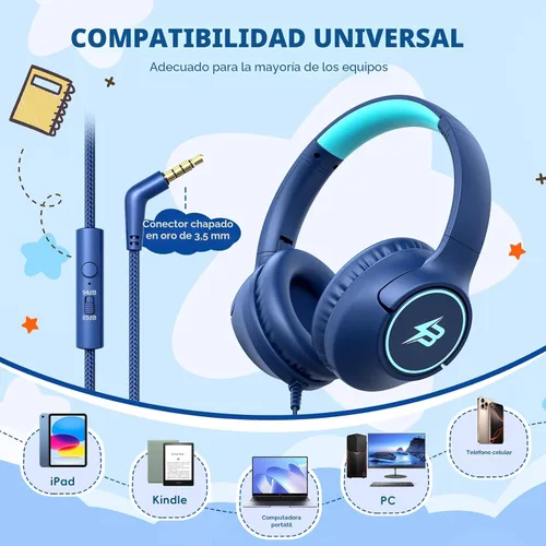 Miniatura 2 de Auriculares para niños con cable para la escuela, límite de volumen de 85/94 dB, auriculares con cable sobre la oreja para niños y niñas con Azul