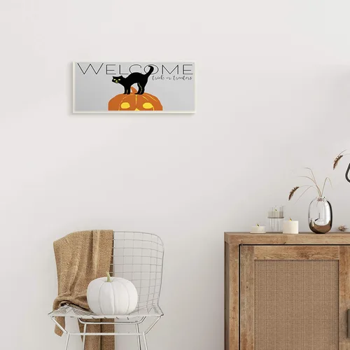 Miniatura 3 de Stupell Industries Welcome Trick Or Treaters - Placa de pared con diseño de gato de Halloween, diseño de Nicholas Biscardi, 7 x 17 pulgadas