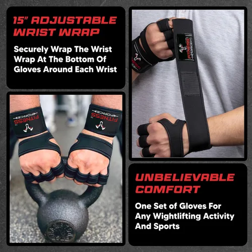 Miniatura 4 de FITNESS FORCE Ventilated Weight Lifting Workout Gloves for Men & Women Gym Gloves for Men & Women with Built-in Wrist Wraps for Men, Exercise Negro