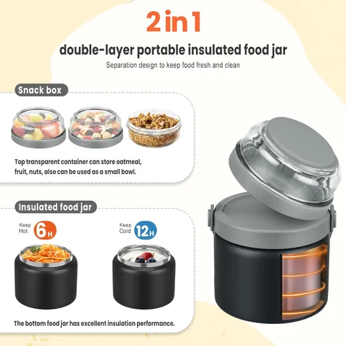 Miniatura 2 de Termo 2 en 1 para alimentos calientes con contenedor de bocadillos Tritan de 13.5 oz, tarro de alimentos aislado para almuerzo de niños, tarro