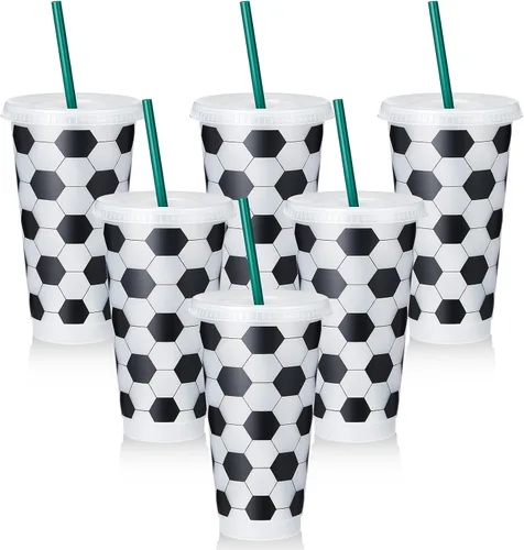 Uiifan 6 Piezas Vasos de Fútbol de Plástico, Vasos Reutilizables a Granel con Tapa y Pajita, Regalos Deportivos para Entrenadores, Aficionados,