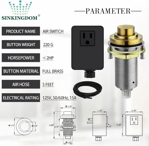 Miniatura 2 de Kit de interruptor de aire SinkTop (botón largo de latón completo) para eliminación de basura, bronce champán inalámbrico