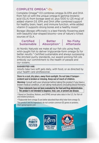 Miniatura 6 de Nordic Naturals Omega-D3 completo, sabor a limón, 60 geles suaves, 565 mg de omega-3 + 70 mg de GLA + 1000 UI de vitamina D3, EPA y DHA, piel