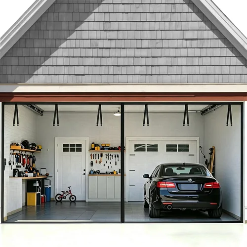 Miniatura 14 de FEGO Pantalla de puerta de garaje gris para 1 automóvil de 8 x 7 pies, puertas magnéticas con malla de fibra de vidrio retráctil y parte inferior