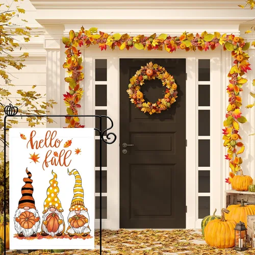 Miniatura 7 de Bandera de jardín de gnomos de Hello Fall para exteriores, bandera de calabaza de gnomos de otoño, banderas de otoño de 28 x 40 pulgadas, doble