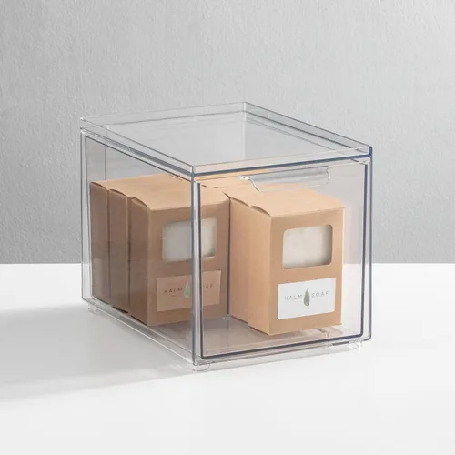 Miniatura 2 de mDesign Contenedor organizador de baño de plástico con cajón extraíble, contenedor de almacenamiento delgado y apilable para accesorios de baño