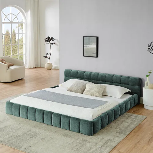 Miniatura 9 de Base de cama tapizada tamaño California King con tela de felpilla gruesa, cama de plataforma con cabecero copetudo, marco de madera maciza, diseño