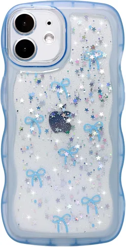 Miniatura 90 de Qokey Funda para iPhone 12 Pro Max de 6.7 pulgadas, diseño de onda rizada, borde transparente, brillante con purpurina, estrella brillante, bonita