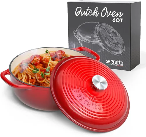 Miniatura 12 de Segretto Cookware Horno holandés de hierro fundido esmaltado, 6 cuartos de galón, verde claro Verde Chiaro (verde claro)