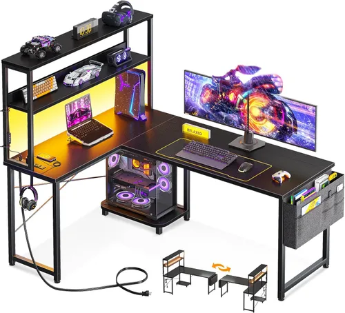 ODK - Escritorio en forma de L de 53 pulgadas con iluminación LED, escritorio reversible para juegos con enchufes de alimentación, mesa de esquina