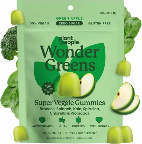 Plant People WonderGreens Gomitas de Vegetales Super Verdes con Probióticos Multivitamínico para el Bienestar, Energía, Sistema Inmune y Salud