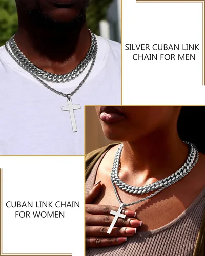 Miniatura 2 de 2 collares de cruz para hombres y mujeres, cadena de eslabones cubanos de plata dorada y negra para hombres, cadena de cuerda en capas, collar