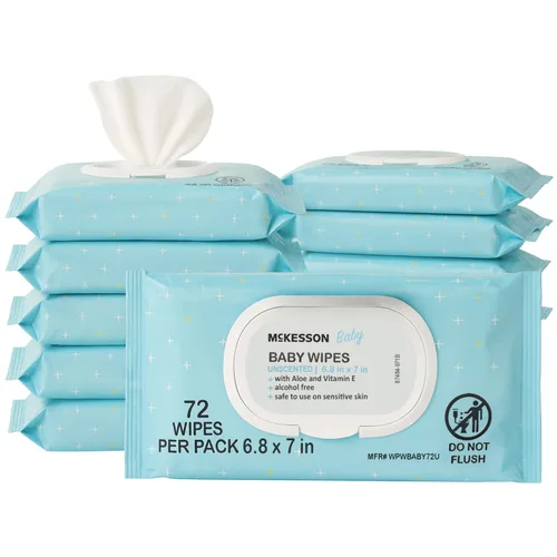 Miniatura 10 de McKesson Toallitas para bebé, sin perfume (1 paquete, 72 toallitas) – Aloe y vitamina E, 99% agua, tapa abatible, toallitas para piel sensible
