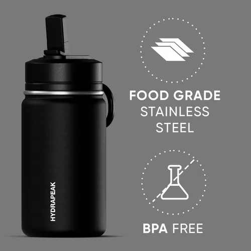 Miniatura 4 de Hydrapeak Mini botella de agua de 14 onzas con tapa con popote, botella de agua aislada de doble pared de acero inoxidable Botella de agua a Negro