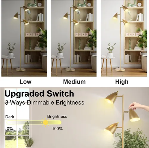Miniatura 2 de Lámpara de pie estilo árbol LALISU para sala de estar, lámpara de pie industrial de 3 luces con 3 bombillas LED, cabezas giratorias ajustables