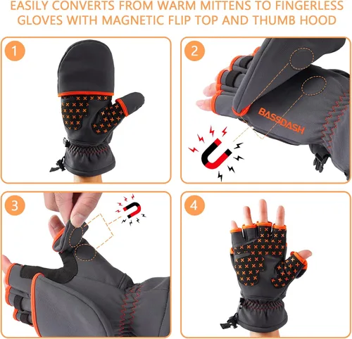 Miniatura 2 de BASSDASH WinteFlex Guantes de pesca en hielo aislantes con protección contra el frío, sin dedos, resistentes al agua para hombres y mujeres