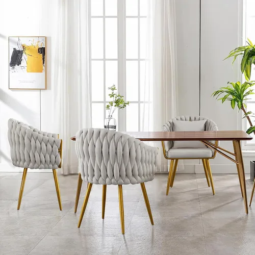 Miniatura 7 de BOSMILLER Sillas de comedor tejidas, modernas sillas de comedor con patas antideslizantes de metal dorado, respaldo alto curvado, silla de comedor