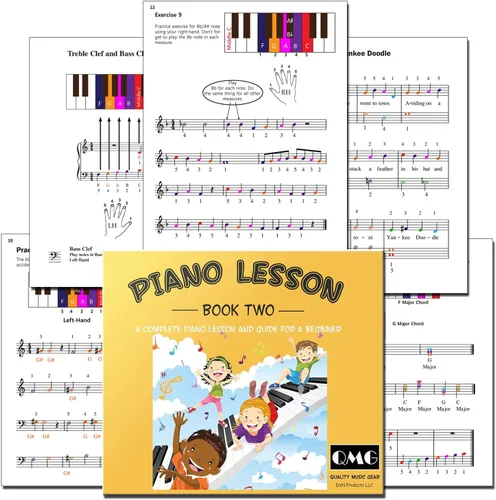Miniatura 5 de QMG Tabla de notas para piano y teclado y notas completas a color, lección de música de piano y libro guía 1 y libro 2 para niños y principiantes