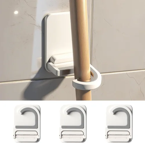 Miniatura 10 de Paquete de 2 soportes de pared para escobas con correa de almacenamiento resistente de 13 pulgadas, 5 ranuras y 4 ganchos, soporte para escoba