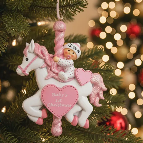 Miniatura 2 de Adorno personalizado para la primera Navidad del bebé, exquisito adorno de carrusel de bebé rosa con nombre del bebé, decoración personalizada