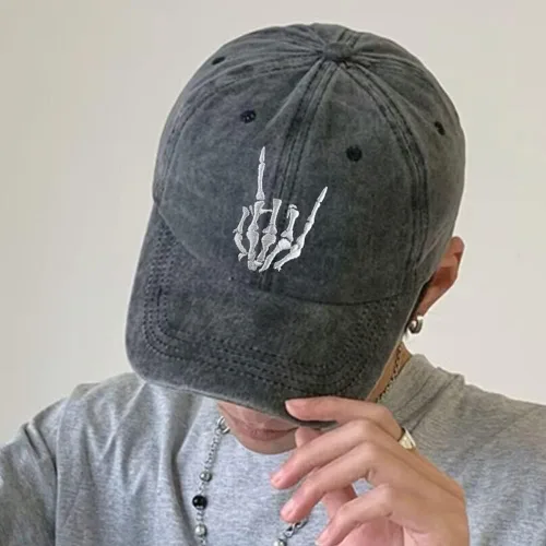 Miniatura 3 de Sombrero de mano unisex con esqueleto de calavera, bordado de huesos de Halloween, ajustable, de algodón lavado, gorra de béisbol de mezclilla