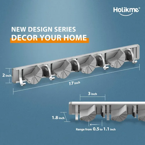 Miniatura 6 de Holikme Soporte para Escobas y Fregonas de Pared, Organizador de Metal para Despensa y Almacenamiento, Organizador de Herramientas de Cocina y Plata