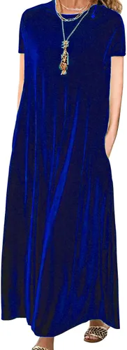 Miniatura 6 de Vestido de terciopelo para mujer, formal, casual, linda, cuello redondo, elegante, de manga corta, con bolsillo