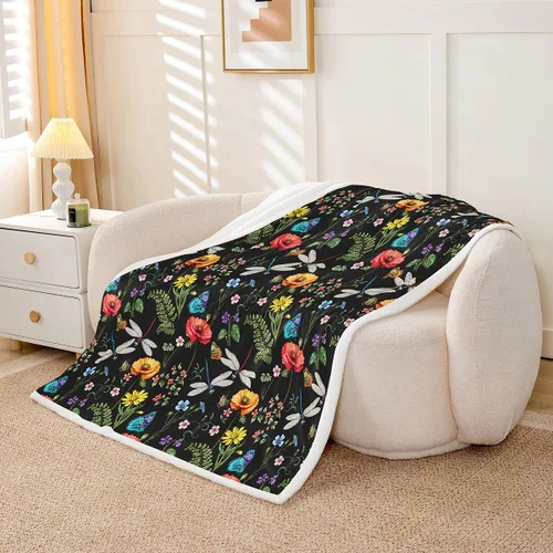 Miniatura 5 de Manta de vellón con diseño de libélula, diseño rústico de amapola en acuarela para adultos y adolescentes, decoración de habitación de animales