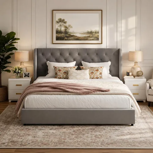 HOMBCK - Marco de cama tamaño completo, base de cama tapizada en plataforma gris con cabecero, terciopelo acolchado, diseño de ala curvada, listones