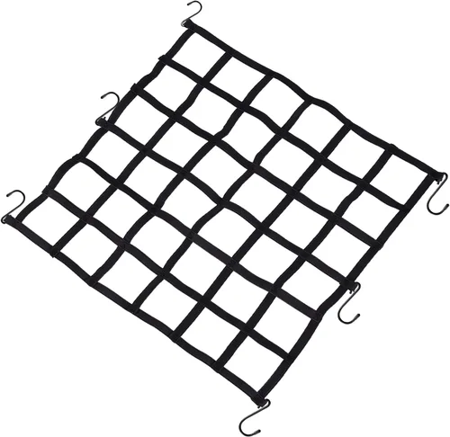 La primera red de carga plana para motocicleta, red elástica de 15 x 15 pulgadas con malla pequeña de 2 x 2 pulgadas y ganchos de metal S, fácil de